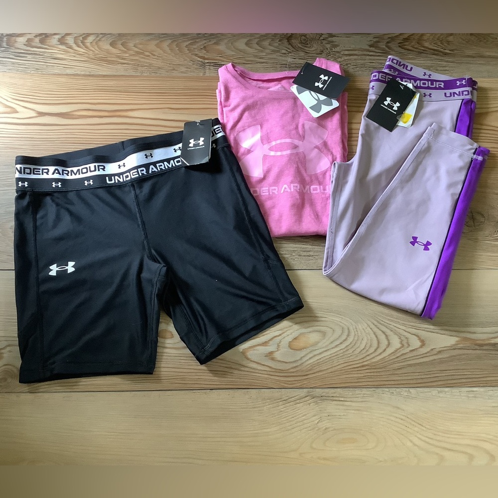 Under Armour girls bundle tshirt, bike shorts & leggings size YLG(NWT)